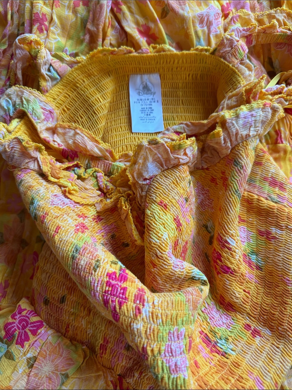 Disney Tiana Yellow Floral Smocked Sun Dress with Pink & Green Flowers